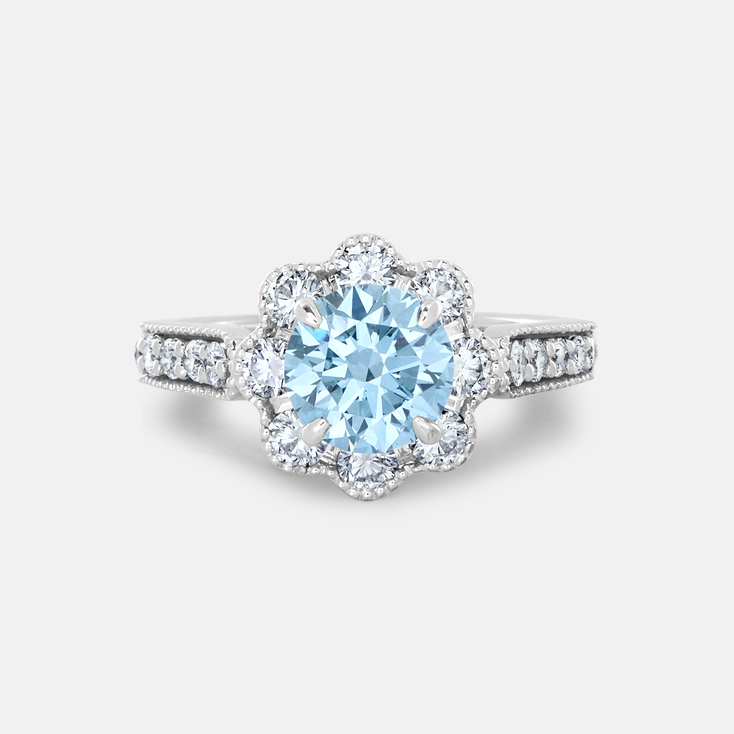 14K White Gold Flower Halo Blue Diamond Engagement Ring Questions & Answers