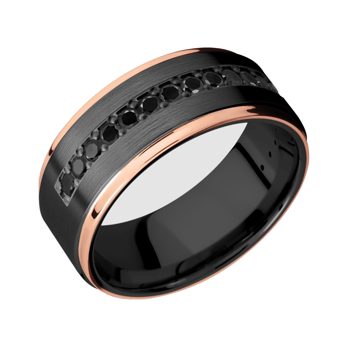 Black Zirconium, 14k Rose Gold and Black Diamond Wedding Band by Lashbrook Designs Questions & Answers